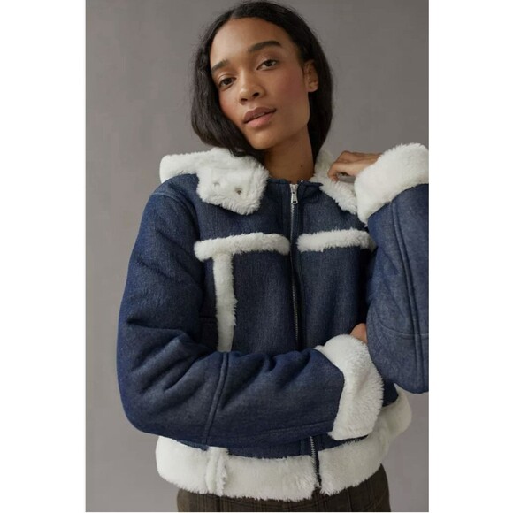 Urban Outfitters UO Roselyn Faux Shearling Jacket Women's XXL Blue White New - Picture 1 of 16